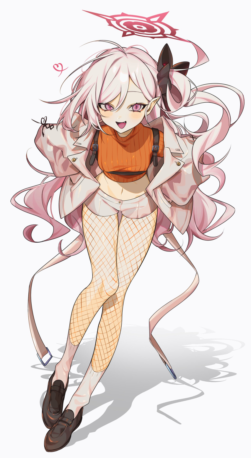 1girl :d absurdres blue_archive blush crop_top fang fishnet_pantyhose fishnets full_body halo hamita_(rikopin_ika) highres jacket long_hair long_sleeves looking_at_viewer midriff mutsuki_(blue_archive) navel one_side_up open_clothes open_jacket pantyhose pink_eyes pink_hair shoes short_shorts shorts simple_background smile socks socks_over_pantyhose solo standing very_long_hair white_background white_jacket white_socks