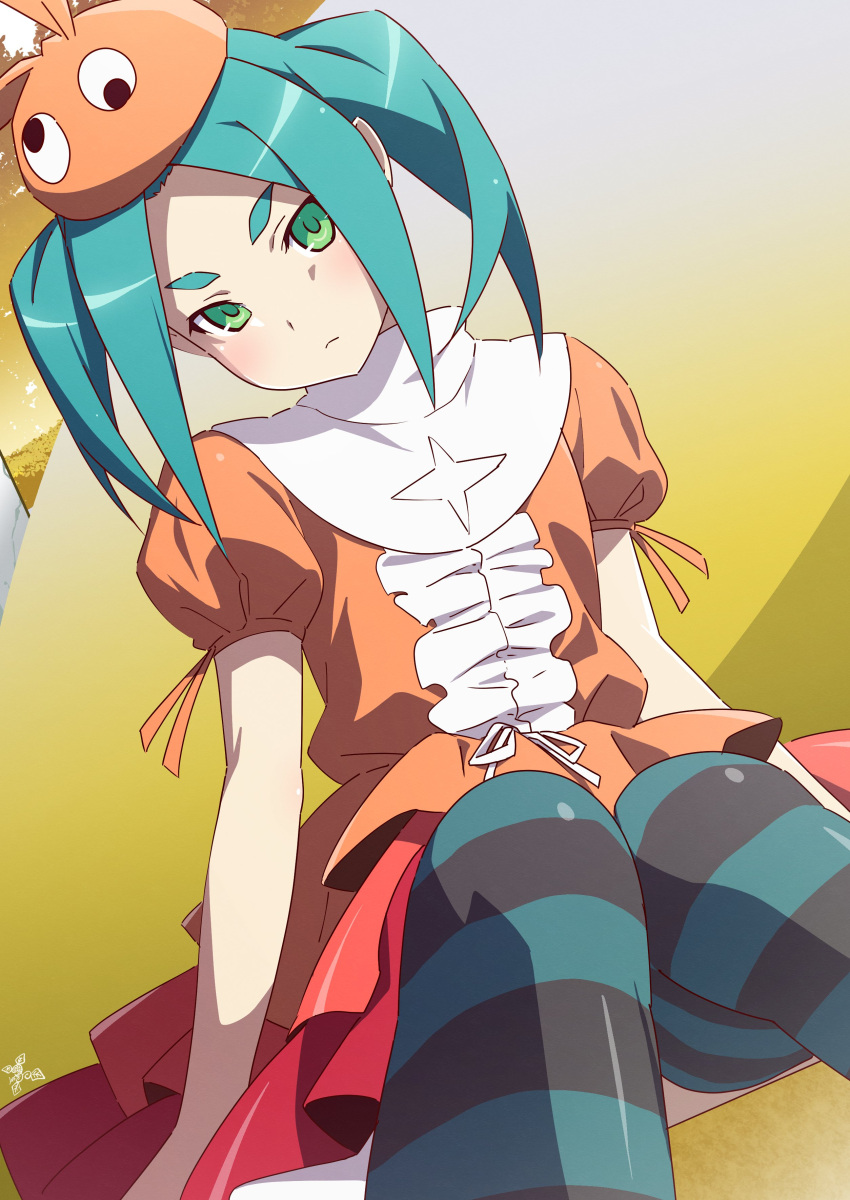 1girl absurdres aqua_hair aqua_thighhighs black_thighhighs commentary dress dutch_angle frilled_dress frills googly_eyes gradient_background green_eyes head_tilt highres hikimayu knees_together_feet_apart light_blush light_frown long_hair looking_at_viewer makicha_(sasurainopink) monogatari_(series) ononoki_yotsugi orange_dress orange_headwear puffy_short_sleeves puffy_sleeves short_eyebrows short_sleeves sidelocks sitting solo thick_eyebrows thighhighs twintails two-tone_dress two-tone_thighhighs white_dress yellow_background