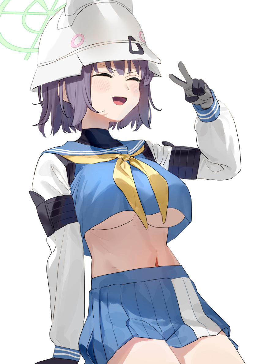 1girl absurdres blue_archive blue_sailor_collar blue_serafuku blue_skirt breasts bucket_hat closed_eyes clothes_lift combat_helmet commentary_request green_halo halo hat helmet highres long_sleeves navel neckerchief open_mouth paid_reward_available purple_hair raglan_sleeves sailor_collar saki_(blue_archive) school_uniform serafuku shirt_lift short_hair simple_background skirt smile solo stahlhelm subachi underboob v white_background white_headwear white_helmet yellow_neckerchief