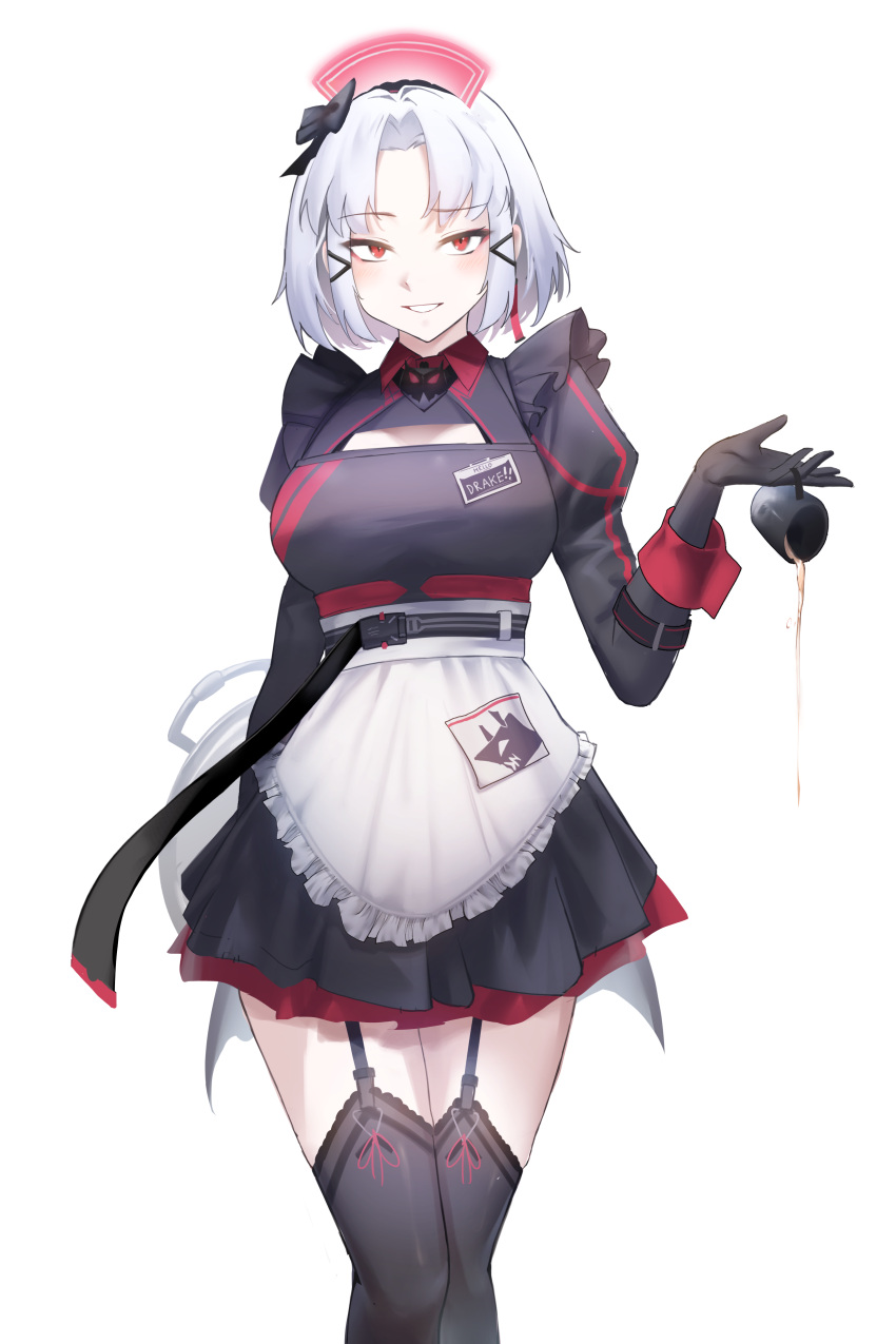 1girl absurdres apron bow breasts buckle cleavage_cutout clothing_cutout collared_dress cup drake_(maid_for_villain)_(nikke) drake_(nikke) dress garter_straps goddess_of_victory:_nikke highres holding holding_cup looking_at_viewer maid maid_headdress maviss_03 red_eyes solo thighhighs tray white_hair