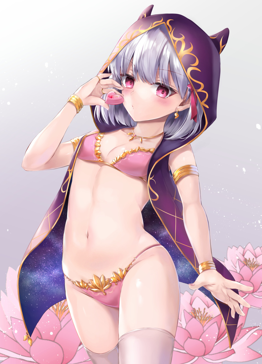 1girl absurdres armlet bikini blush bracelet breasts candy cloak collarbone earrings fate/grand_order fate_(series) flower food gradient_background hair_ribbon hane_yuki heart highres hood hooded_cloak horned_hood horns jewelry kama_(chocolate_heaven)_(fate) kama_(fate) kama_(first_ascension)_(fate) looking_at_viewer lotus navel necklace pink_bikini pink_ribbon pout red_eyes ribbon short_hair small_breasts solo space star_(sky) swimsuit thighhighs thighs valentine variant_set white_thighhighs