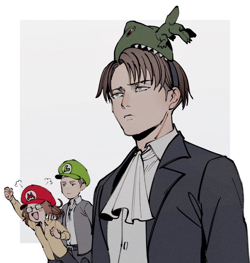 1girl 2boys ascot black_jacket blonde_hair border brown_hair clenched_hand closed_mouth collared_shirt erwin_smith furrowed_brow glasses grey_background grey_jacket hange_zoe highres jacket levi_(shingeki_no_kyojin) luigi_hat mario_hat multiple_boys oimo_(oimkimn) open_mouth parted_bangs ponytail shingeki_no_kyojin shirt short_hair smile suit_jacket thick_eyebrows upper_body white_ascot white_border white_shirt yellow_shirt