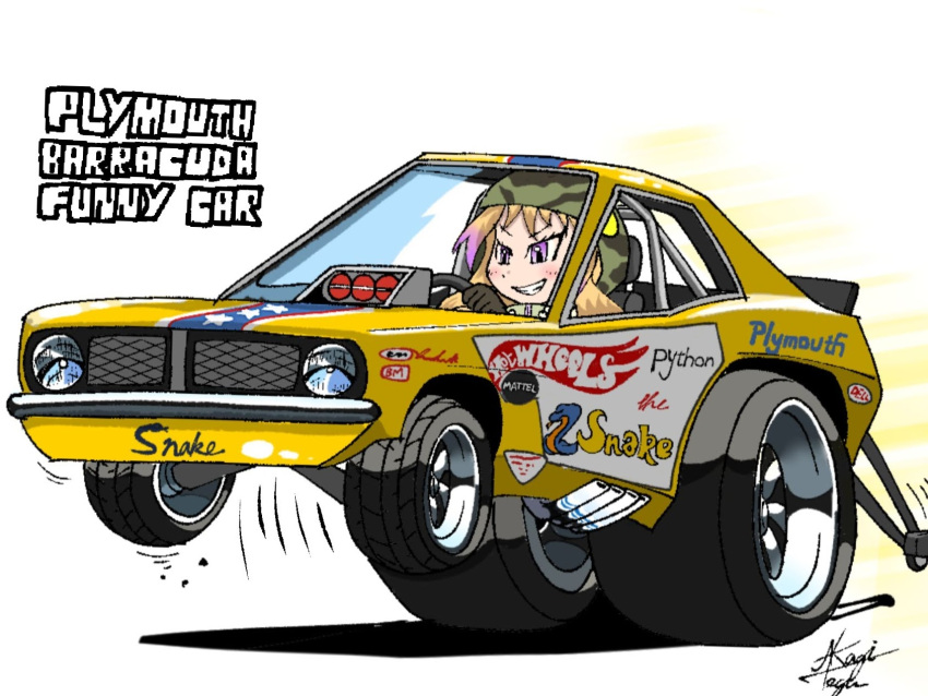 1girl african_rock_python_(kemono_friends) artist_name black_gloves blonde_hair blush car chibi driving engine gloves highres hot_wheels kemono_friends logo looking_ahead motor_vehicle muscle_car parted_lips plymouth_(brand) plymouth_barracuda purple_eyes race_vehicle racecar shadow smile solo sponsor tegran vehicle_focus vehicle_name