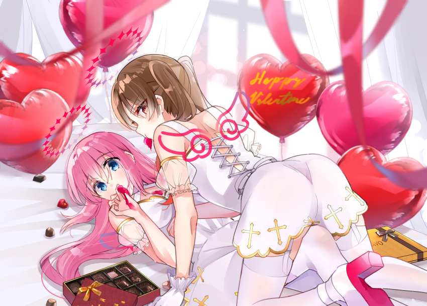 2girls absurdres balloon blue_eyes bocchi_the_rock! brown_hair chocolate commentary_request detached_sleeves drawn_wings dress food_in_mouth garter_straps gotoh_hitori halo hamazi_aki happy_valentine heart_balloon highres long_hair looking_at_viewer multiple_girls official_art ootsuki_yoyoko pink_hair red_eyes red_halo see-through see-through_sleeves shorts thighhighs two_side_up valentine white_dress white_shorts white_thighhighs yukadon yuri