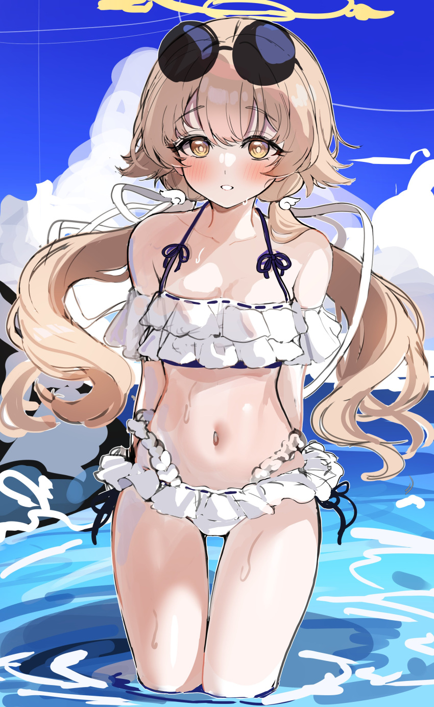 1girl absurdres arms_behind_back bare_shoulders bikini bikini_skirt blue_archive blue_sky blush breasts brown_hair cleavage collarbone cowboy_shot day eyewear_on_head frilled_bikini frills hair_ribbon halo hifumi_(blue_archive) hifumi_(swimsuit)_(blue_archive) highres legs_together long_hair looking_at_viewer low_twintails navel ocean outdoors ribbon round_eyewear sak_(lemondisk) sky small_breasts solo stomach sunglasses swimsuit thigh_gap thighs twintails wading water white_bikini white_ribbon yellow_eyes