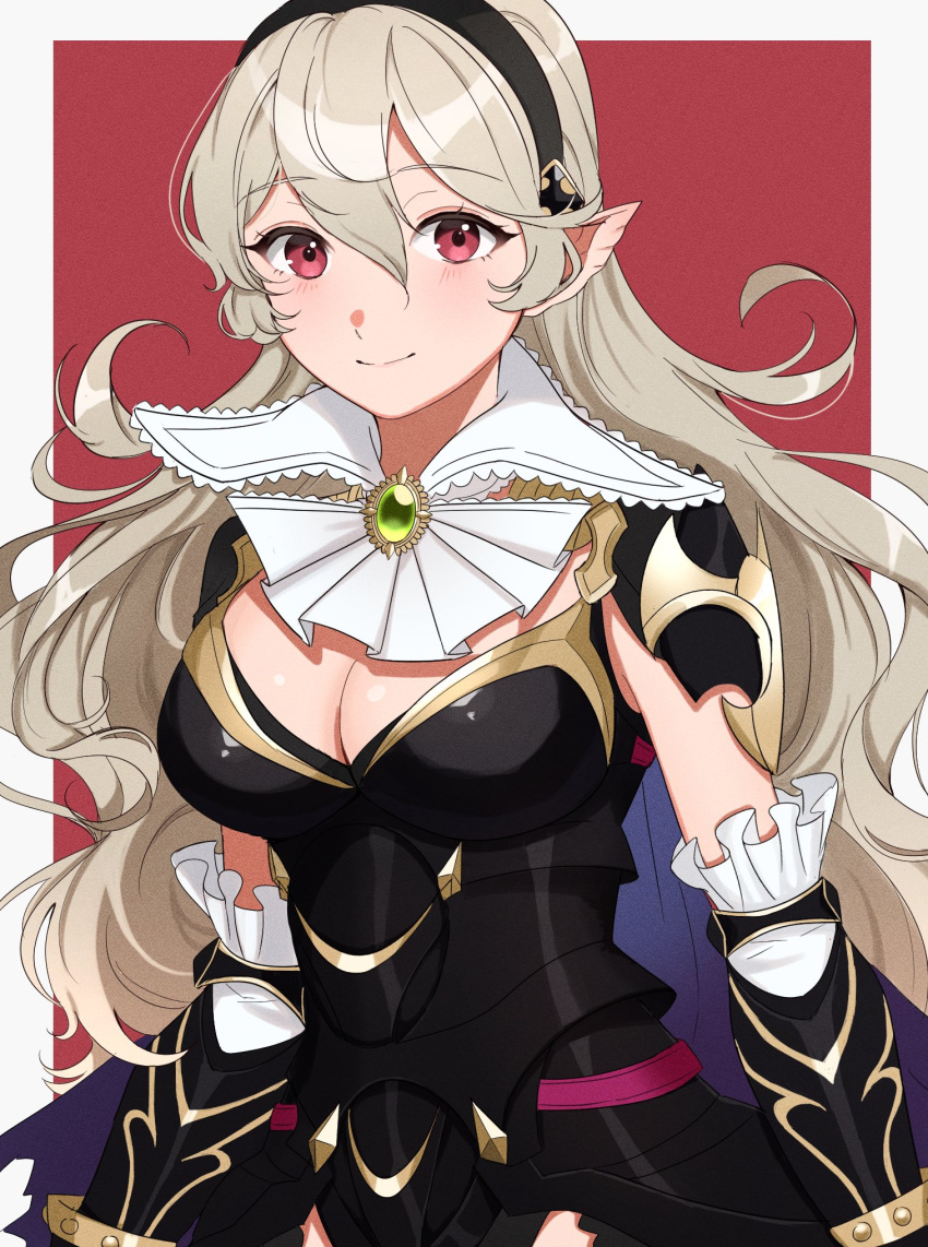 1girl armor black_hairband blue_cape blush border breasts cape cleavage closed_mouth corrin_(female)_(fire_emblem) corrin_(female)_(nohr_noble)_(fire_emblem) corrin_(fire_emblem) fire_emblem fire_emblem_fates gmais2514 grey_hair hair_between_eyes hairband highres large_breasts long_hair looking_at_viewer pointy_ears red_background red_eyes smile solo upper_body very_long_hair white_border