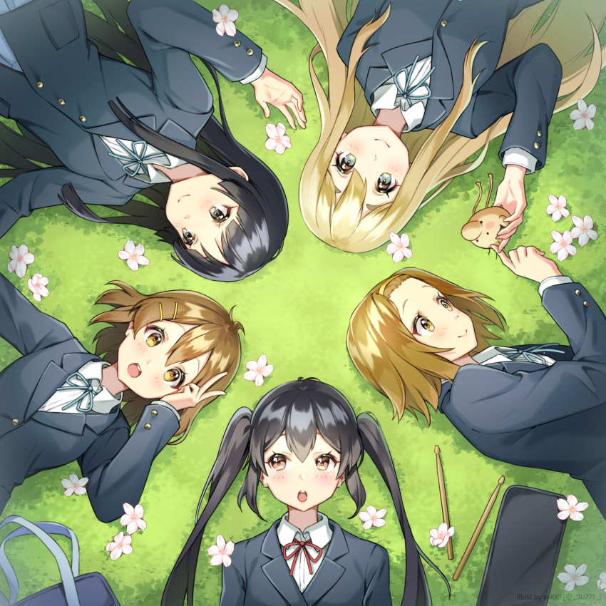 5girls :d akiyama_mio black_eyes black_hair blazer blonde_hair blue_hair blue_jacket blue_ribbon brown_eyes brown_hair closed_mouth collared_shirt commentary cute_took everyone flower from_above grass hair_ornament hairband hairclip highres hirasawa_yui jacket k-on! kotobuki_tsumugi long_hair long_sleeves looking_at_another looking_at_viewer lying multiple_girls nakano_azusa neck_ribbon on_back on_side open_mouth red_ribbon ribbon sakuragaoka_high_school_uniform school_uniform shirt short_hair smile tainaka_ritsu teeth thick_eyebrows twintails upper_teeth_only v white_shirt winter_uniform yellow_hairband