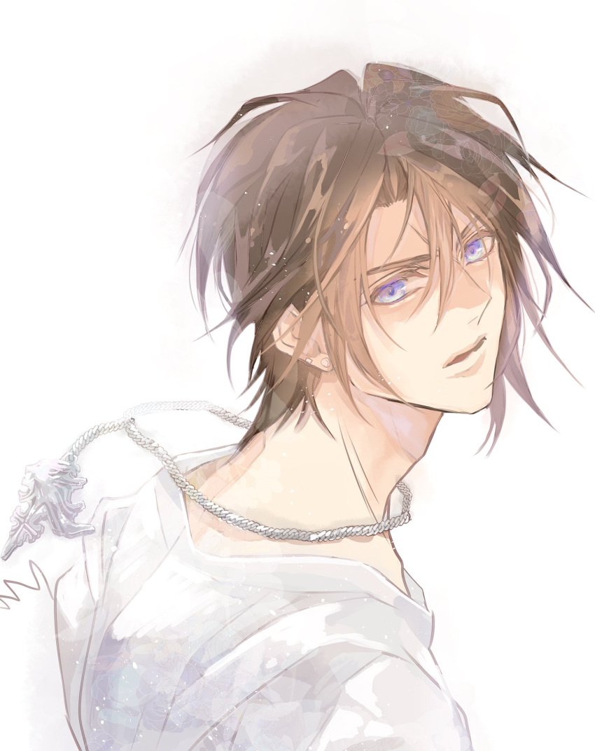 1boy blue_eyes brown_hair chain_necklace earrings eni_(yoyogieni) final_fantasy final_fantasy_viii fur-trimmed_jacket fur_trim hair_between_eyes highres jacket jacket_partially_removed jewelry looking_at_viewer male_focus necklace parted_lips scar scar_on_face scar_on_forehead shirt short_hair single_earring solo squall_leonhart upper_body white_background white_fur white_shirt