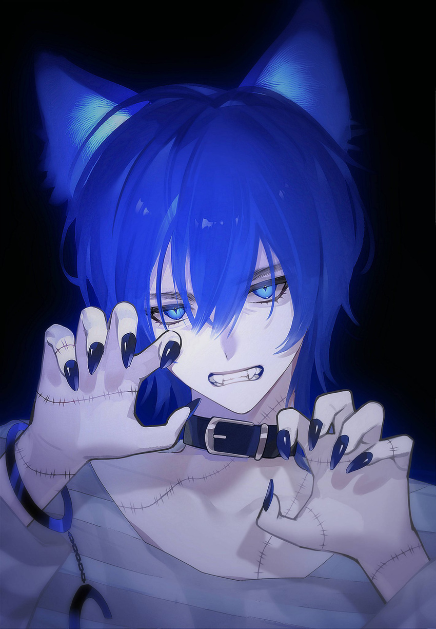 1boy animal_ear_fluff animal_ears bishounen black_background blue_eyes blue_hair blue_nails blue_theme collar commentary cuffs dog_boy dog_ears fangs fingernails hair_between_eyes handcuffs highres kaito_(vocaloid) male_focus nail_polish paw_pose sharp_fingernails sharp_teeth shirt short_hair simple_background stitched_hand stitched_neck stitches striped_clothes teeth vocaloid yunpianer