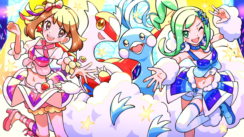 2girls :d ;d altaria arm_warmers blush bow brown_hair cropped_shirt fuji_tarawi green_eyes green_hair grey_eyes hair_bow highres idol latias leg_up lisia_(pokemon) looking_at_viewer may_(pokemon) midriff multiple_girls navel official_alternate_costume one_eye_closed overskirt poke_ball poke_ball_(basic) pokemon pokemon_(creature) pokemon_oras shorts shorts_under_skirt skirt smile teeth upper_teeth_only w waist_poke_ball