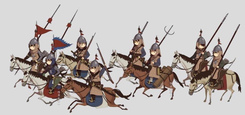 6+girls antique_firearm armor arrow_(projectile) bow_(weapon) brigandine_(armor) brown_horse cavalry chinese_armor chinese_empire fangdan_runiu firelock flag full_armor grey_background gun helmet highres holding holding_gun holding_polearm holding_weapon horseback_riding jitome matchlock ming_dynasty multiple_girls original polearm quiver riding saddle_blanket sheath sheathed simple_background stirrups_(riding) sword weapon white_horse