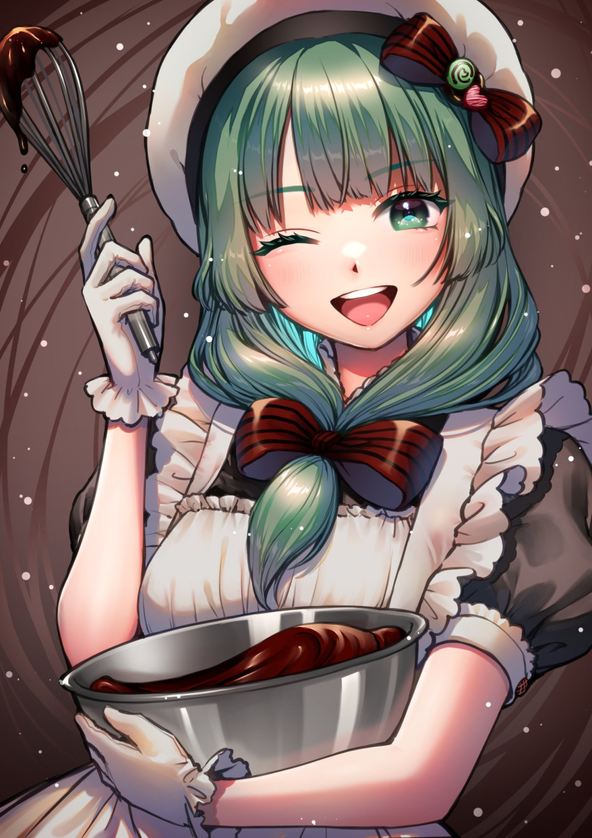 1girl :d apron beret black_dress bowl chocolate dress frilled_gloves frills front_ponytail gloves green_eyes green_hair hair_ribbon hat highres holding holding_bowl kageharu kagiyama_hina maid_apron one_eye_closed open_mouth red_ribbon ribbon smile solo touhou upper_body valentine whisk white_apron white_gloves white_headwear