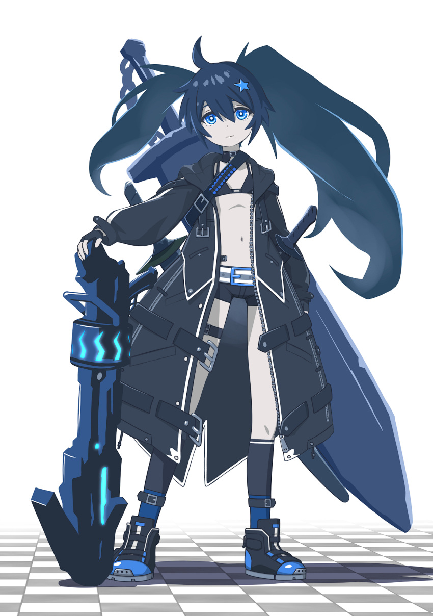 1girl 32zzz aged_down ahoge black_bra black_footwear black_gloves black_hair black_jacket black_rock_shooter black_rock_shooter_(character) black_shorts blue_eyes bra fingerless_gloves flat_chest full_body gloves hair_ornament highres hood hood_down huge_weapon jacket katana long_hair long_sleeves looking_at_viewer navel open_clothes open_jacket sheath sheathed short_shorts shorts sidelocks solo star_(symbol) star_hair_ornament sword thigh_strap twintails underwear uneven_twintails weapon