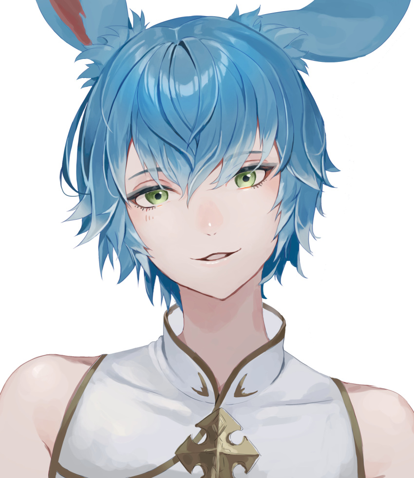 1boy animal_ears bare_shoulders blue_hair final_fantasy final_fantasy_xiv green_eyes head_tilt highres looking_at_viewer lumeru_33 male_focus parted_lips rabbit_ears simple_background smile solo upper_body viera warrior_of_light_(ff14) white_background