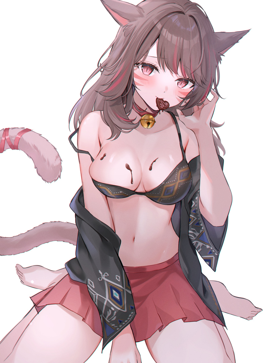 1girl animal_ears barefoot bell bikini bikini_top_only blush breasts brown_eyes brown_hair candy cat_ears cat_tail chocolate chocolate_on_body chocolate_on_breasts facial_mark final_fantasy final_fantasy_xiv food food_on_body heart heart-shaped_chocolate highres long_hair looking_at_viewer medium_breasts miqo'te mouth_hold multicolored_hair navel neck_bell open_clothes open_shirt pleated_skirt red_hair sitting skirt solo strap_slip streaked_hair suzumori_(su2525) swimsuit tail valentine wariza warrior_of_light_(ff14) whisker_markings white_background
