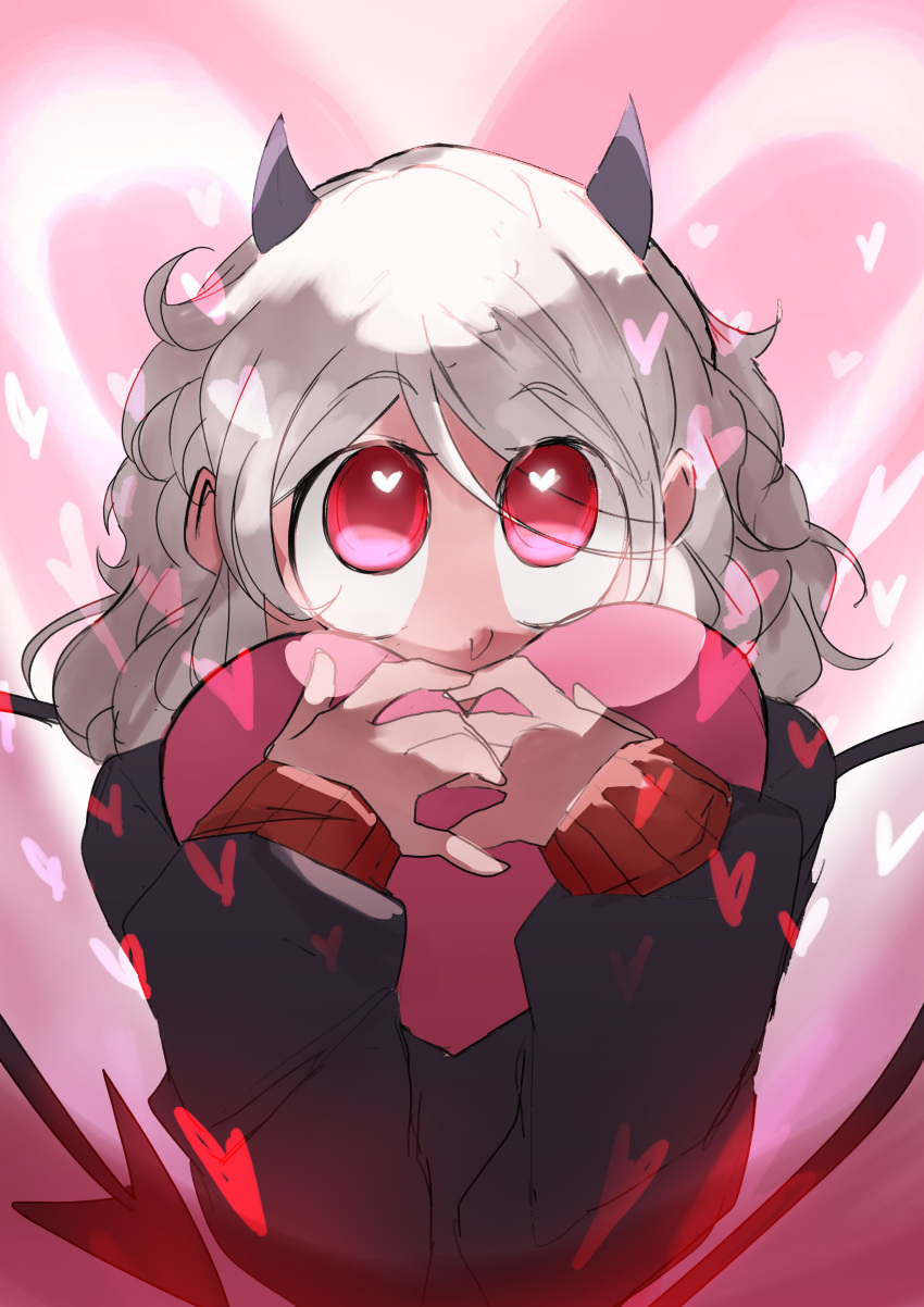 1girl absurdres black_horns demon demon_girl demon_horns demon_tail heart heart-shaped_pupils helltaker highres holding holding_heart horns looking_up modeus_(helltaker) red_eyes s4_(user_ggme4322) symbol-shaped_pupils tail white_hair