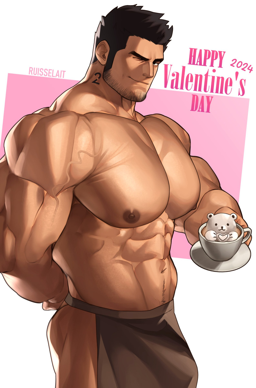 1boy abs absurdres apron artist_name bara black_hair brown_apron closed_mouth cup facial_hair happy_valentine highres holding holding_cup holding_plate large_pectorals looking_at_viewer lucas_lee male_focus muscular muscular_male naked_apron navel neck_tattoo nipples number_tattoo one_eye_closed pectorals plate ruisselait scott_pilgrim_(series) scott_pilgrim_takes_off short_hair smile solo tattoo waist_apron