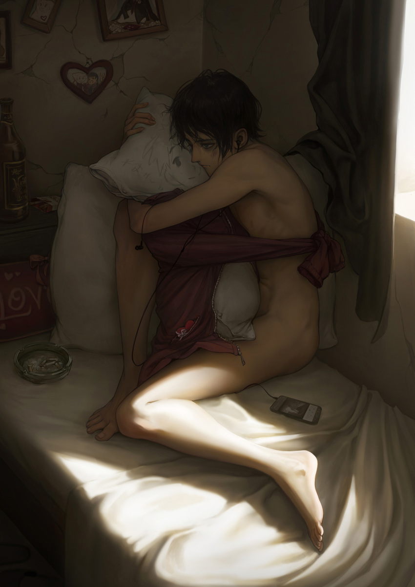 1boy absurdres bags_under_eyes bed black_hair body_pillow bottle cellphone cigarette cigarette_pack completely_nude crack cracked_wall curtains dark earphones heart highres hugging_object jacket kazuko_(towa) light_rays lonely male_focus nude original phone pillow pillow_hug red_jacket sad smartphone solo sunbeam sunlight valentine