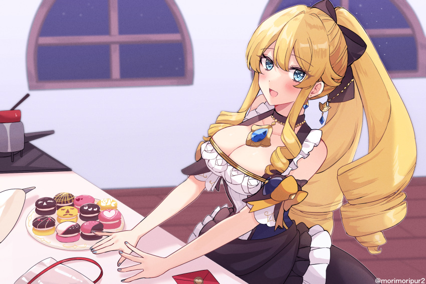 1girl :d alternate_costume bare_shoulders black_choker black_skirt blonde_hair blue_eyes blush breasts choker cleavage commentary_request drill_hair drill_sidelocks food genshin_impact highres indoors large_breasts long_hair looking_at_viewer macaron morimiya_(mori) navia_(genshin_impact) open_mouth sidelocks skirt smile solo upper_body very_long_hair