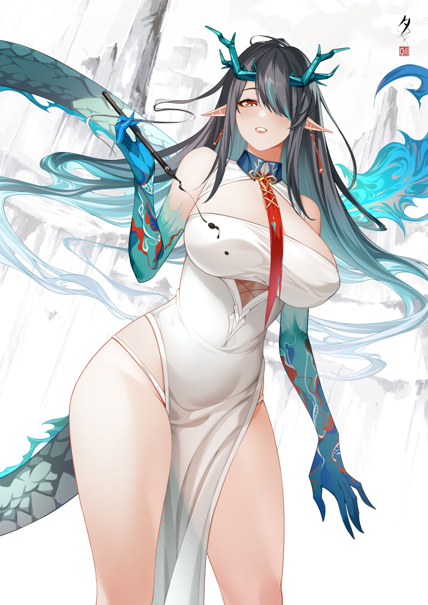 1girl absurdres arknights black_hair blue_hair blush breasts china_dress chinese_clothes chinese_commentary cleavage_cutout clothing_cutout colored_skin commentary_request d._joko dragon_girl dragon_horns dragon_tail dress dusk_(arknights) earrings flame-tipped_tail floating_hair hair_over_one_eye hair_spread_out highres holding holding_brush horns jewelry large_breasts long_hair looking_at_viewer multicolored_hair necktie open_mouth panties pointy_ears red_eyes red_necktie solo streaked_hair tail tassel tassel_earrings underwear variant_set white_dress white_panties