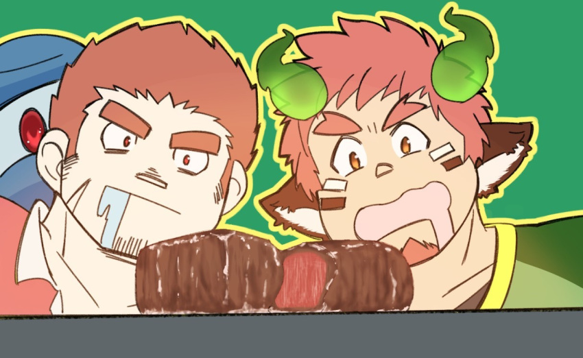 2boys animal_ears bara brown_hair cow_boy cow_ears cow_horns drooling flat_color food forked_eyebrows glowing_horns horns hungry large_pectorals male_focus meat mouth_drool multiple_boys muscular muscular_male outline pectorals ragi_san_(ononokomachiimo) staring tamamura_gunzo thick_eyebrows tokyo_afterschool_summoners wakan_tanka yellow_outline