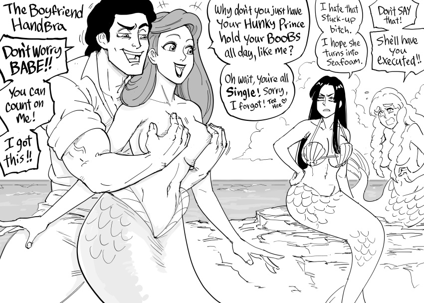 5_fingers absurd_res ariel_(disney) baalbuddy black_hair breasts clothed clothing comic disney english_text eyebrows female fingers group hair hi_res human humor interspecies legless male male/female mammal marine merfolk monochrome open_mouth open_smile scales seashell seashell_bra shell smile split_form text the_little_mermaid_(1989)