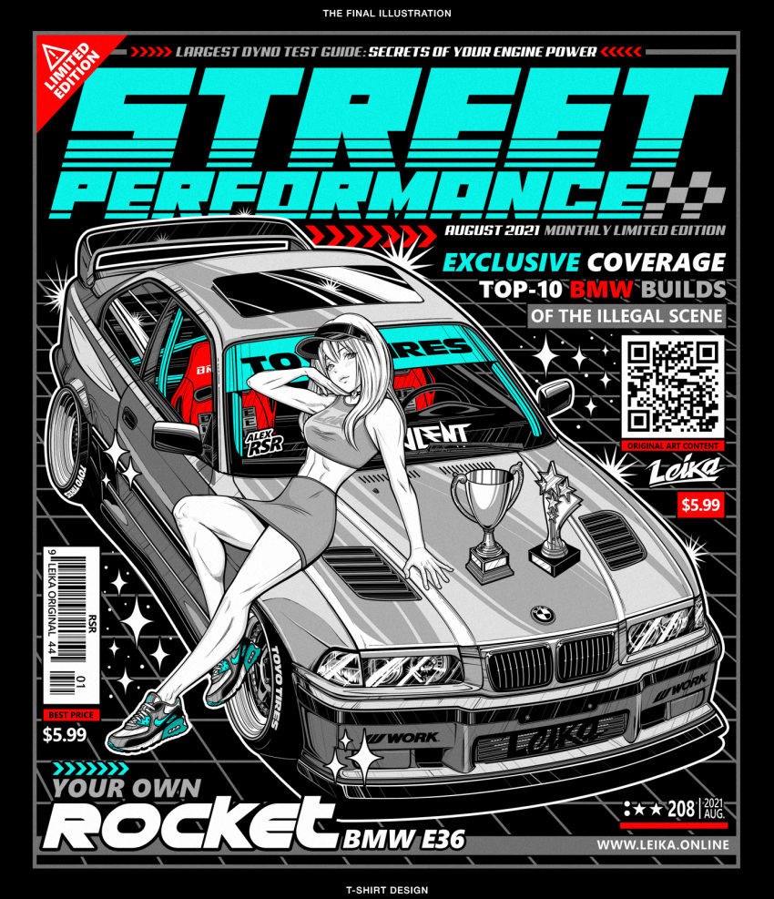 ! 1girl 2021 air_max_90 alex_rsr barcode bmw bmw_m3 car cover cropped_shirt english_text fake_magazine_cover hair_between_eyes head_tilt highres long_hair looking_at_viewer magazine_cover motor_vehicle nike_(company) on_vehicle original shirt sitting skirt sleeveless sleeveless_shirt smile solo sparkle spoiler_(automobile) sports_car spot_color stance_(vehicle) star_(symbol) trophy vehicle_focus visor_cap web_address