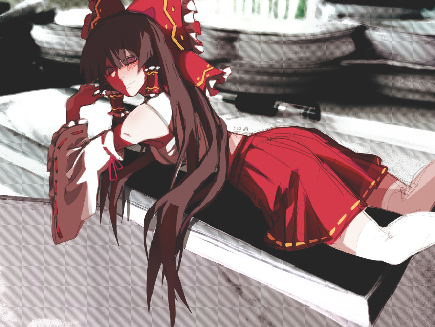 1girl absurdres brown_eyes brown_hair chest_sarashi chinese_commentary closed_mouth commentary_request frilled_hair_tubes frilled_ribbon frilled_sleeves frills hair_ribbon hair_tubes hakama hakama_short_skirt hakama_skirt hakurei_reimu heng_(heng798616) highres japanese_clothes long_hair lying on_back photo_background red_hakama red_ribbon ribbon ribbon-trimmed_skirt ribbon_trim sarashi sketch skirt sleeve_ribbon smile solo thighhighs touhou white_sleeves white_thighhighs wide_sleeves
