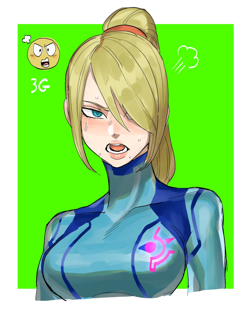 1girl angry blonde_hair blue_bodysuit blue_eyes bodysuit emoji hair_over_one_eye high_ponytail highres looking_at_viewer metroid mole mole_under_mouth oshirimarsh ponytail samus_aran sidelocks skin_tight zero_suit