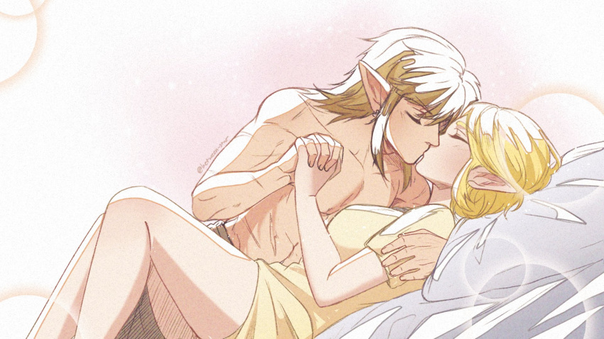 1boy 1girl battle_scarred bed_sheet blonde_hair breasts closed_eyes couple dress earrings feet_out_of_frame hair_between_eyes hand_on_another's_shoulder hetero highres holding_hands interlocked_fingers jewelry kiss link medium_breasts medium_hair on_bed parted_bangs pillow pink_background pointy_ears princess_zelda reclining short_dress short_hair short_sleeves sidelocks the_legend_of_zelda the_legend_of_zelda:_breath_of_the_wild the_legend_of_zelda:_tears_of_the_kingdom topless_male wildstar69 yellow_dress