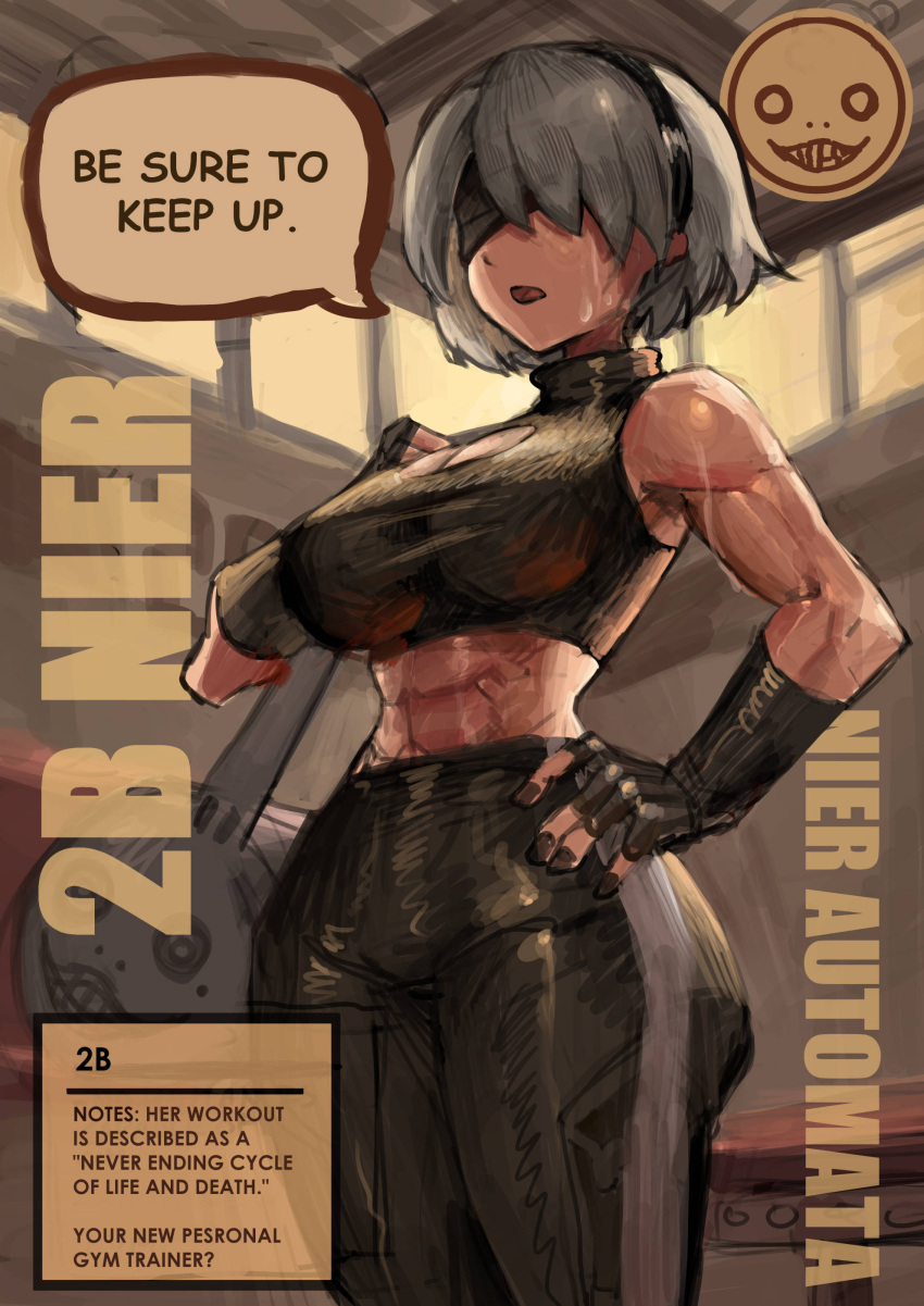 1girl 2b_(nier:automata) abs absurdres bag black_blindfold blindfold duffel_bag emil_(nier) english_text fingerless_gloves gloves gym hairband highres muscular muscular_female nier:automata nier_(series) open_mouth saiykik short_hair solo sweat tank_top toned turtleneck white_hair