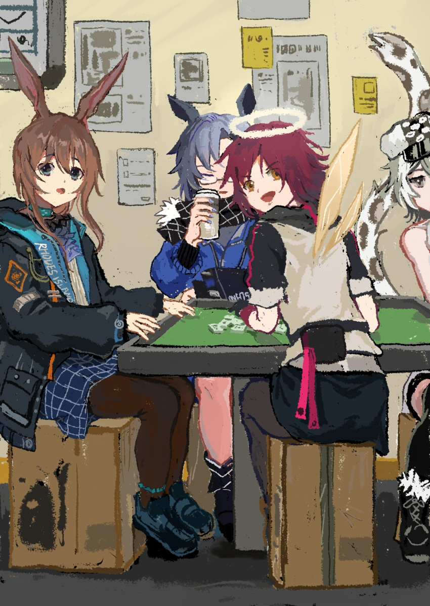 4girls amiya_(arknights) animal_ears arknights black_jacket black_leggings black_skirt blue_eyes bottle box brown_hair brown_leggings character_request cliffheart_(arknights) drinking exusiai_(arknights) from_behind glasses grey_hair halo highres jacket leggings long_hair looking_at_viewer looking_back mahjong multiple_girls open_clothes open_jacket plaid plaid_skirt rabbit_ears rabbit_girl red_hair rhodes_island_logo_(arknights) shiiirooo sitting sitting_on_box skirt tail water_bottle white_hair wings