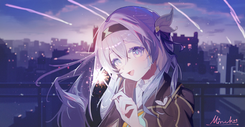 1girl :d black_hairband black_jacket black_ribbon blue_pupils blush bow building cityscape cloud collared_shirt crossed_bangs dot_nose evening firefly_(honkai:_star_rail) fireworks floating_hair from_side grey_eyes grey_hair hair_bow hair_intakes hair_ribbon hairband hand_up highres holding_fireworks honkai:_star_rail honkai_(series) jacket long_hair looking_at_viewer neckerchief night night_sky open_mouth orange_neckerchief outdoors railing ribbon shirt shooting_star sidelocks signature sky skyline smile solo sparkler upper_body white_bow white_shirt wusubamineko