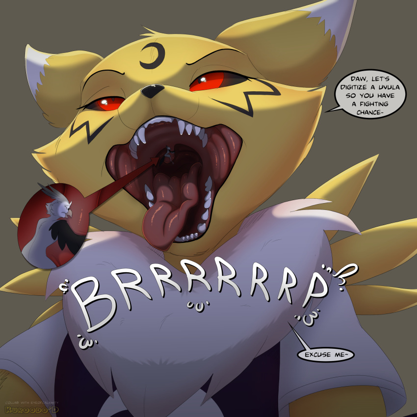 2024 absurd_res ambiguous_gender anthro avian bandai_namco beak clothed clothing collaboration dialogue digimon digimon_(species) digital_media_(artwork) duo english_text eyebrows eyeofcalamity hi_res kuroodod micro open_mouth red_eyes renamon simple_background teeth text tongue tongue_out vore