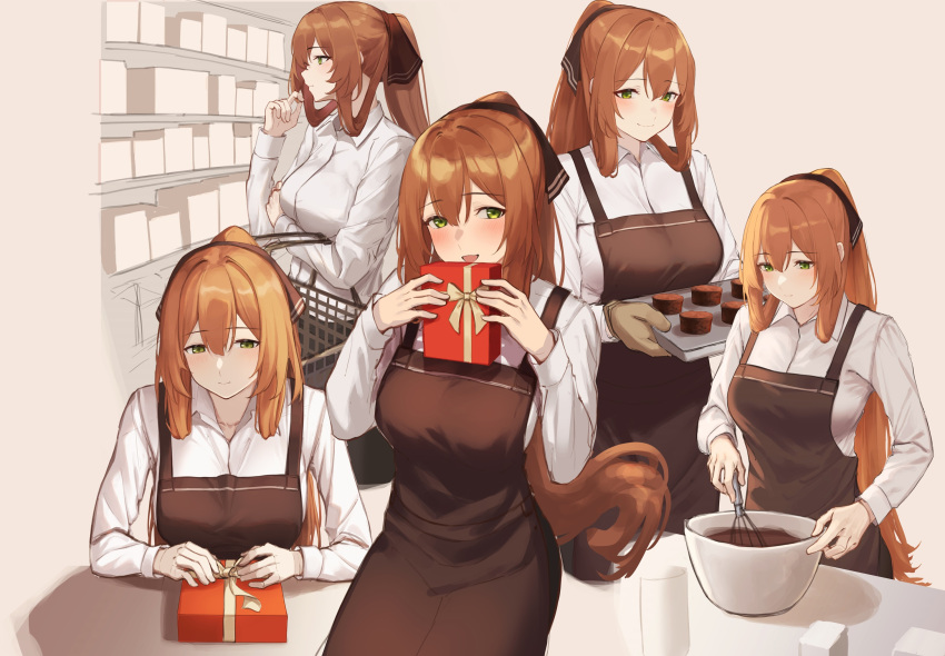 1girl 3_small_spiders apron bow box brown_apron brown_bow brown_hair chocolate commentary_request gift gift_box girls'_frontline green_eyes hair_bow highres long_hair looking_at_viewer multiple_views open_mouth shirt smile springfield_(girls'_frontline) white_shirt