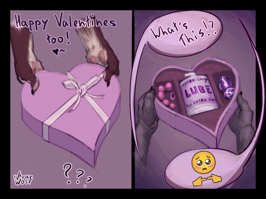 anal_beads anthro begging buttplug dialogue duo emoji exclamation_point female first_person_view gift heart_shaped_box high-angle_view holidays lube lube_bottle male pawpads plug_(sex_toy) question_mark sequence sex_toy shess'kah simple_background surprise text valentine's_day vyarwolf