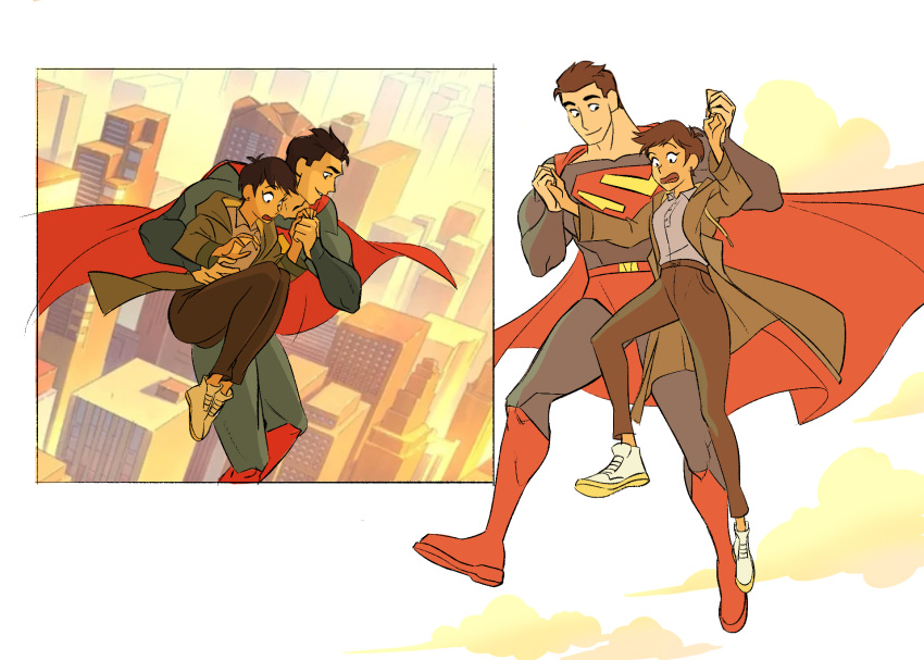 1boy 1girl black_hair black_pants bodysuit building cape cityscape clark_kent cloud collared_shirt dc_comics floating highres holding_hands hood hood_down hooded_jacket howl_no_ugoku_shiro jacket lois_lane my_adventures_with_superman pants parody shirt shoes short_hair smile sneakers ssinaeganda7 superhero superman superman_(series)