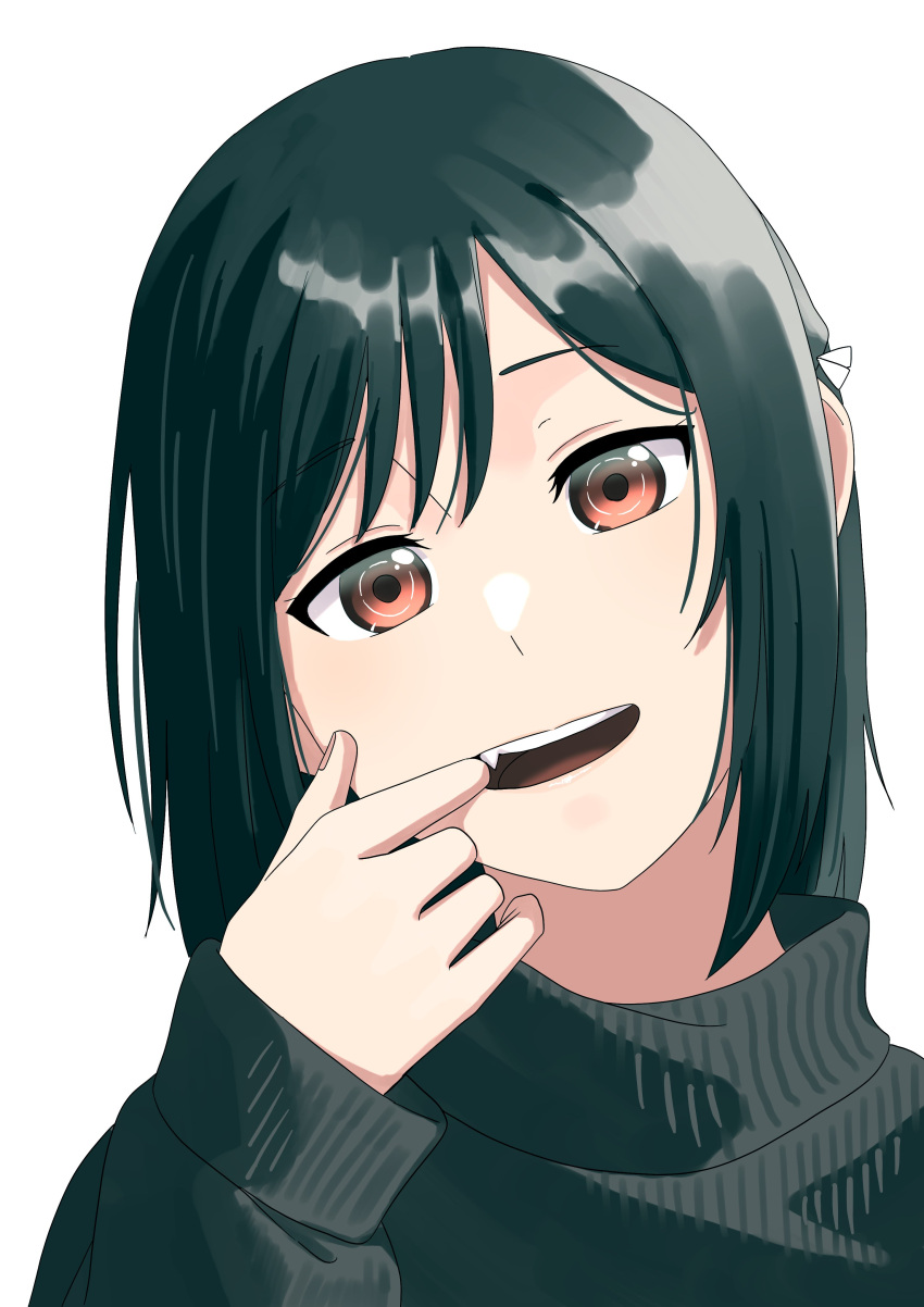 1girl absurdres commentary commentary_request fang finger_in_own_mouth green_hair green_sweater head_tilt highres long_sleeves looking_at_viewer love_live! love_live!_nijigasaki_high_school_idol_club mifune_shioriko open_mouth red_eyes s_sho_mkrn short_hair sidelocks solo sweater teeth upper_body upper_teeth_only white_background