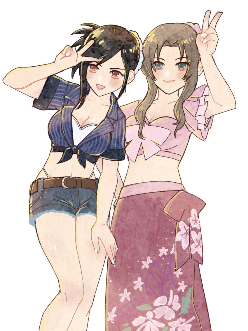 2girls aerith_gainsborough belt belt_buckle bikini black_hair breasts brown_hair buckle cleavage closed_mouth collared_shirt cowboy_shot crop_top final_fantasy final_fantasy_vii final_fantasy_vii_rebirth flower frilled_sleeves frills green_eyes grey_shorts hair_flower hair_ornament highres large_breasts looking_at_viewer medium_breasts midriff multiple_girls navel official_alternate_costume open_mouth parted_bangs pink_shirt pink_skirt ponytail rena_s1226 shirt short_shorts short_sleeves shorts sidelocks skirt smile striped_clothes striped_shirt swept_bangs swimsuit swimsuit_under_clothes tifa_lockhart v wavy_hair white_background white_bikini