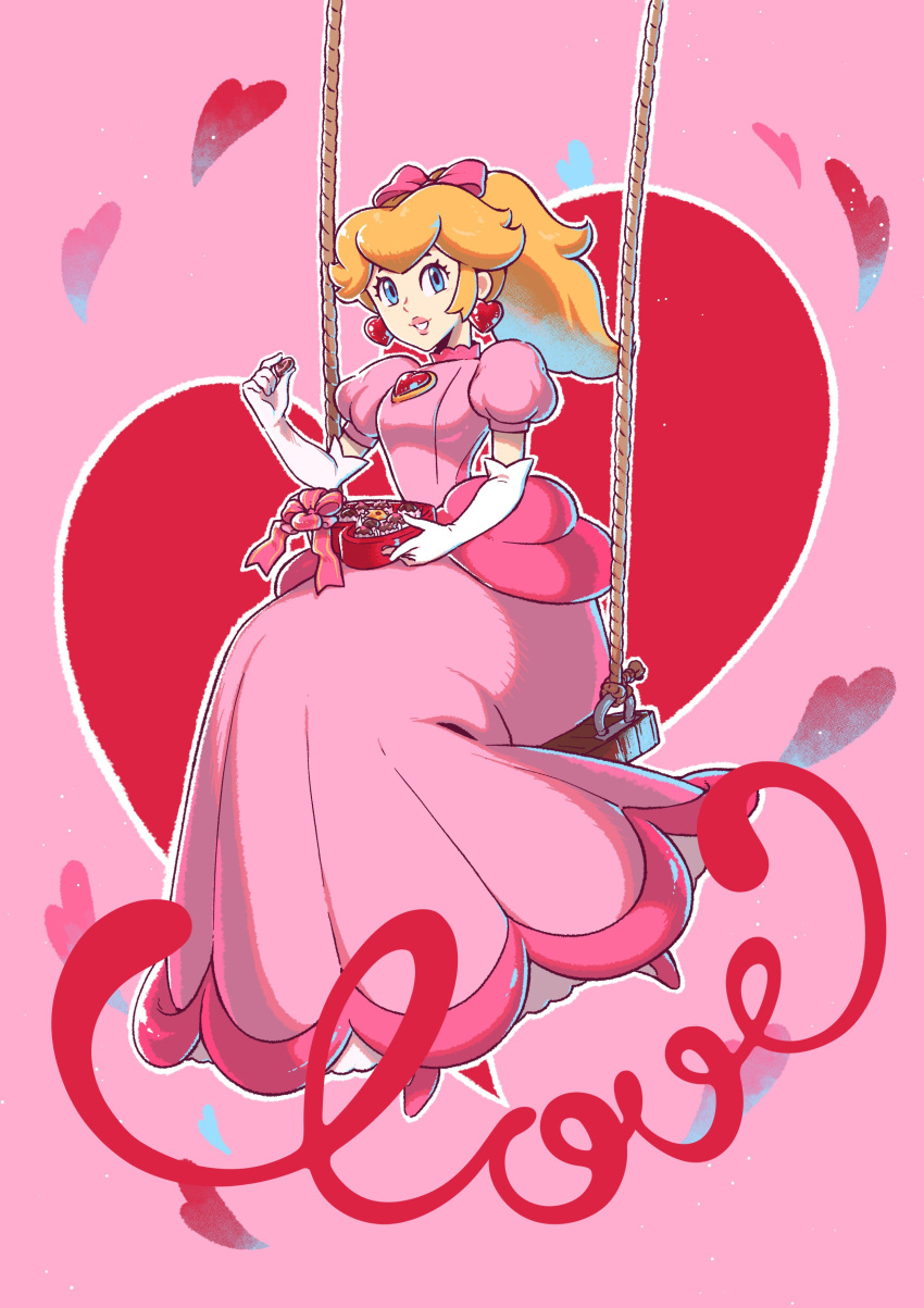 1girl absurdres adapted_costume blonde_hair blue_eyes box box_of_chocolates brooch dress earrings elbow_gloves english_text gloves hair_ribbon heart heart-shaped_box heart_brooch heart_earrings highres jewelry long_dress looking_at_viewer mario_(series) pink_background pink_dress pink_lips pink_ribbon ponytail princess_peach puffy_short_sleeves puffy_sleeves ribbon saiwo_(saiwoproject) short_sleeves sitting solo swing_set valentine white_gloves