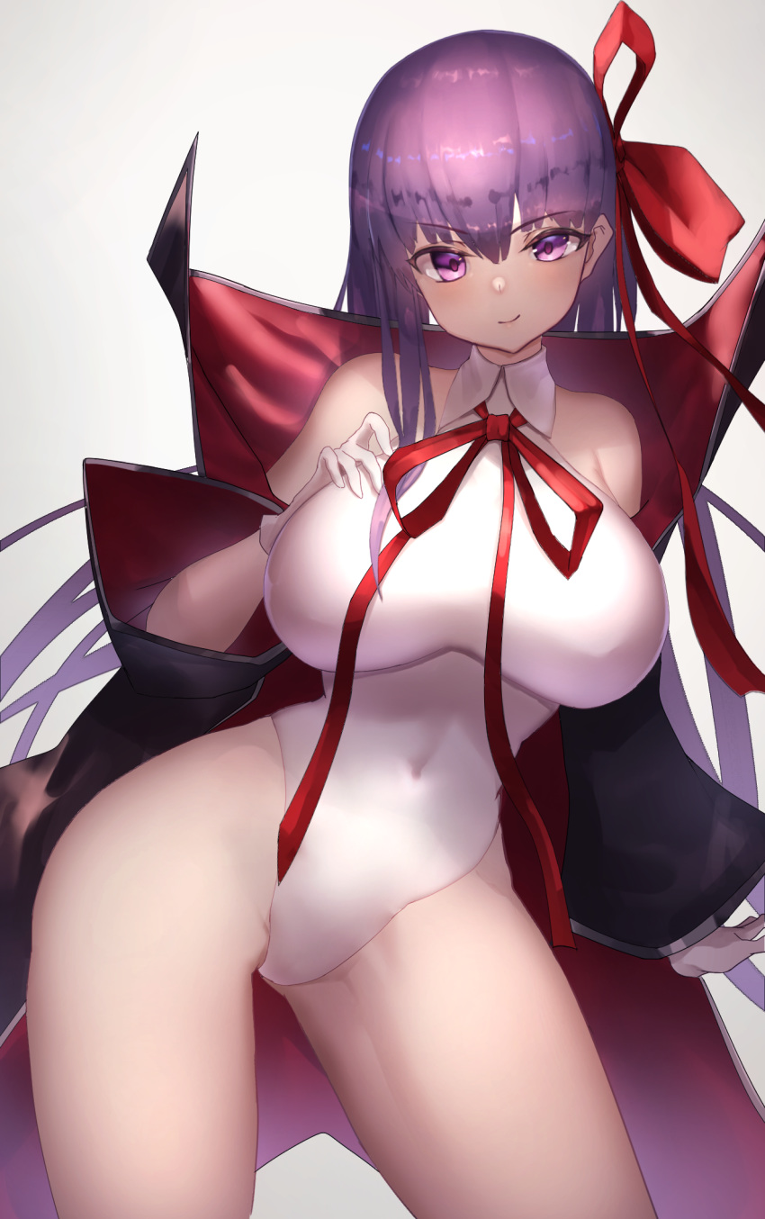 1girl bb_(fate)_(all) bb_(fate/extra_ccc) breasts covered_navel fate/grand_order fate_(series) gloves hair_ribbon hand_on_own_breast highres large_breasts leotard long_hair looking_at_viewer plaster2501 purple_eyes purple_hair red_ribbon ribbon simple_background smile solo standing very_long_hair white_gloves white_leotard wide_sleeves