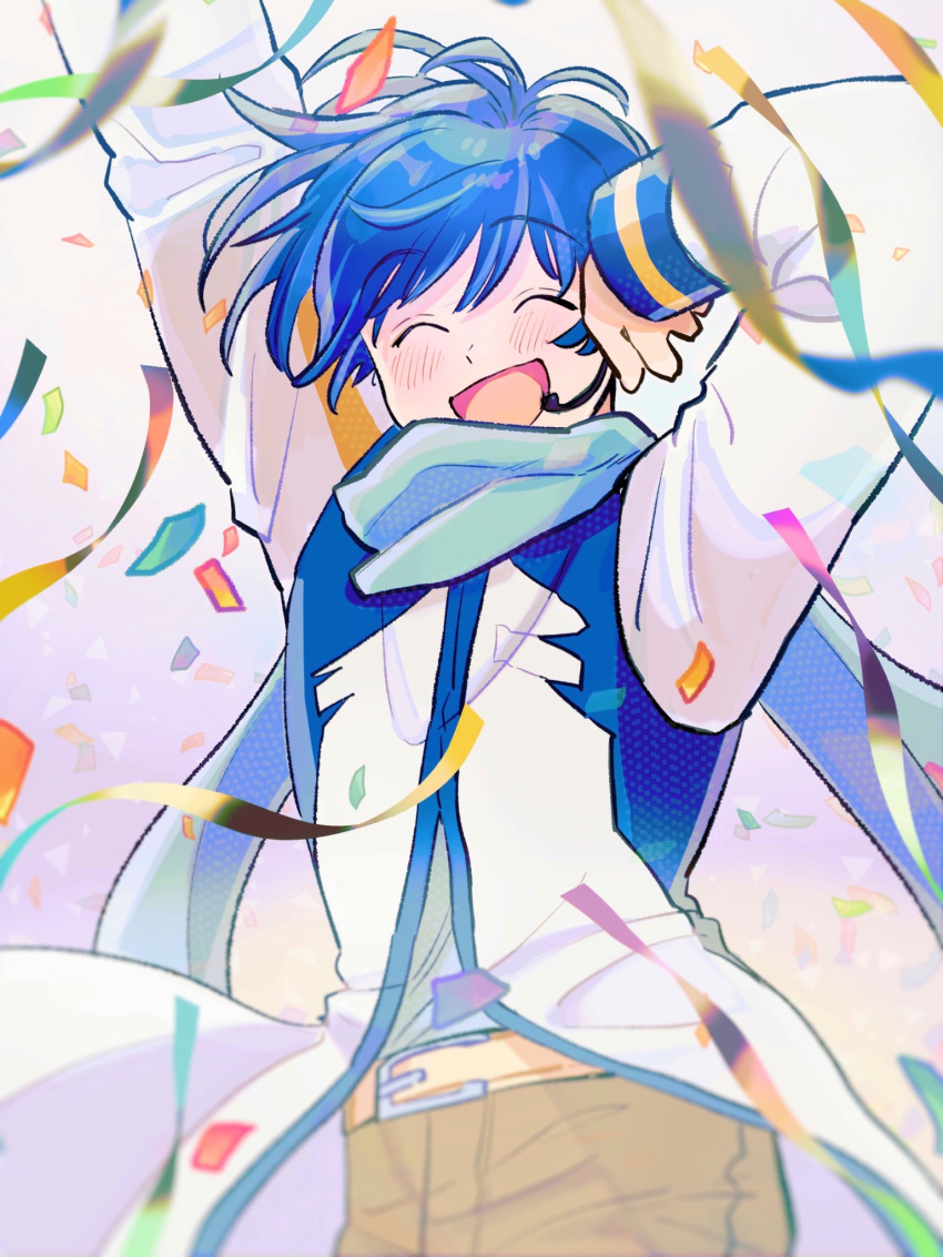 1boy anniversary arm_up belt blue_hair blue_scarf blush closed_eyes coat confetti happy headphones headset highres kaito_(vocaloid) long_sleeves male_focus open_mouth pants scarf short_hair smile vocaloid xhinokox xhinokox78