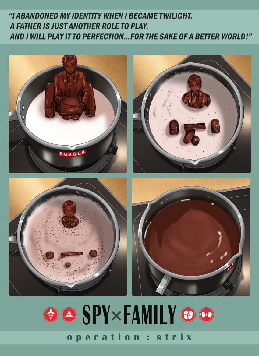 chocolate cooking_pot copyright_name english_text highres hot_chocolate meme milk milk_ape_(meme) no_humans pine_(pmjh4244) spy_x_family stove twilight_(spy_x_family)