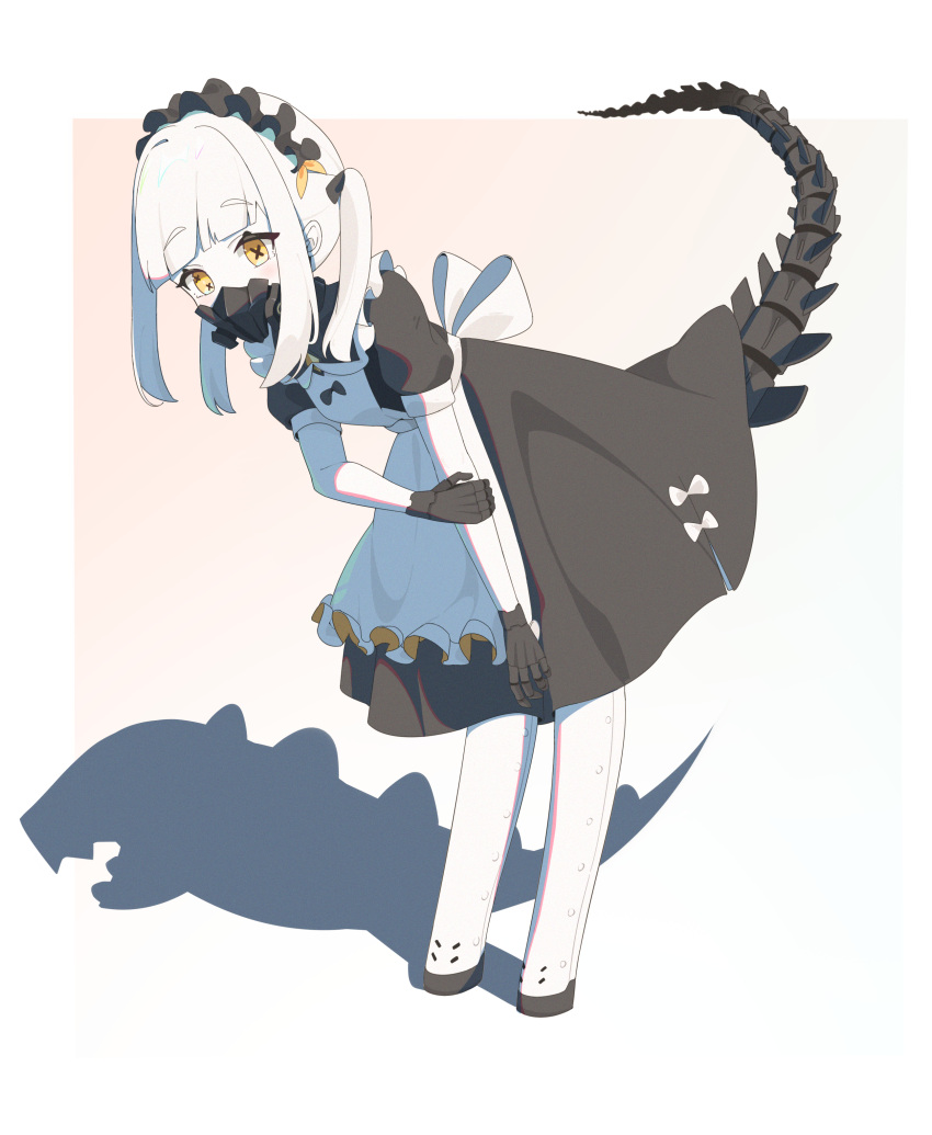 1girl absurdres alternate_costume apron black_dress blue_archive blunt_bangs bone_tail chinese_commentary commentary_request dress e_li_(77864296) ein_(blue_archive) full_body grey_hair hand_on_own_elbow highres leaning_forward looking_at_viewer maid maid_apron maid_headdress mask medium_hair mouth_mask puffy_short_sleeves puffy_sleeves shadow short_sleeves simple_background solo tail two_side_up white_apron yellow_eyes