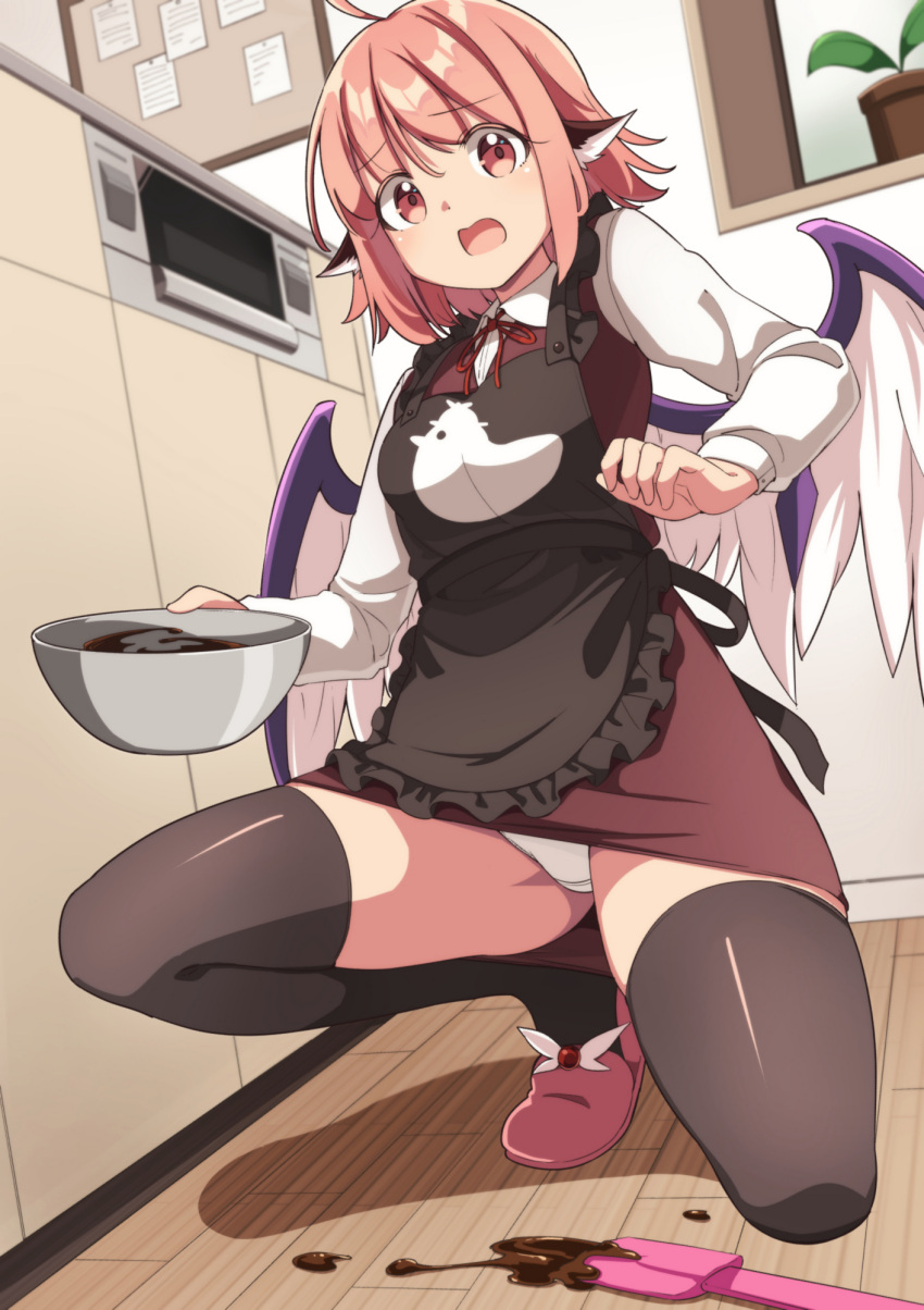 1girl animal_ears apron bird_ears bird_wings black_apron black_thighhighs brown_dress brown_footwear chocolate collared_shirt dress floor frilled_apron frills highres indoors kitchen long_sleeves mixing_bowl moja_(moja4192) mystia_lorelei open_mouth panties pink_eyes pink_hair shirt short_hair slippers solo thighhighs touhou underwear white_panties white_shirt white_wings wings