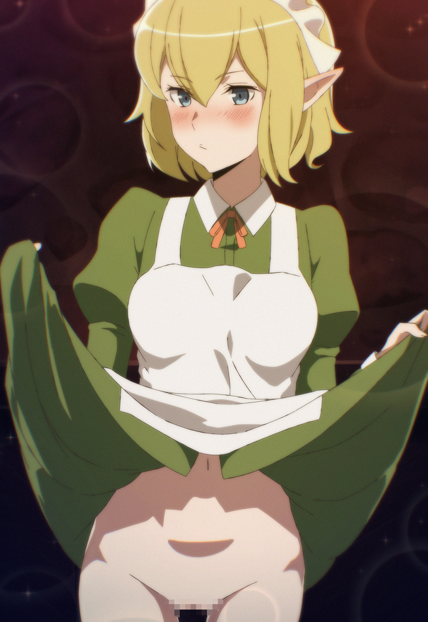 1girl apron blonde_hair blue_eyes blush bottomless censored closed_mouth commentary dress dungeon_ni_deai_wo_motomeru_no_wa_machigatteiru_darou_ka elf english_commentary green_dress hair_between_eyes hands_up highres jamesmikopi long_sleeves looking_to_the_side maid_apron maid_headdress mosaic_censoring navel pointy_ears presenting puffy_long_sleeves puffy_sleeves pussy ryu_lion solo thigh_gap thighs wing_collar