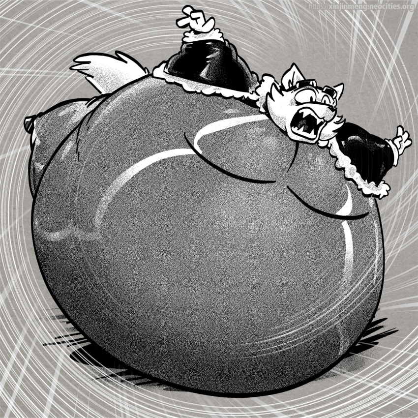 absurd_res anthro belly big_belly body_inflation clothed clothing eyewear eyewear_on_head fur goggles goggles_on_head greyscale hi_res immobile inflation lying male mammal monochrome moobs motion_lines obese obese_anthro obese_male on_front open_mouth overweight overweight_anthro overweight_male rolling scared screaming solo unknown_species xinjinmeng