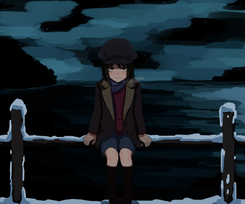 1girl :| annoyed black_footwear black_hair black_headwear black_sky blue_shorts blush boots brown_coat cabbie_hat closed_mouth cloud cloudy_sky coat commentary commission deadpan drawstring english_commentary feet_out_of_frame hand_on_railing hat highres hood hoodie jitome knee_boots kurokimoko light_blush long_sleeves looking_at_viewer mountainous_horizon nakahara_misaki nhk_ni_youkoso! night night_sky nose_blush ocean on_railing open_clothes open_coat outdoors purple_hoodie purple_scarf railing raised_eyebrow scarf short_hair shorts sitting sky snow solo star_(sky) starry_sky straight-on upturned_eyes winter_clothes