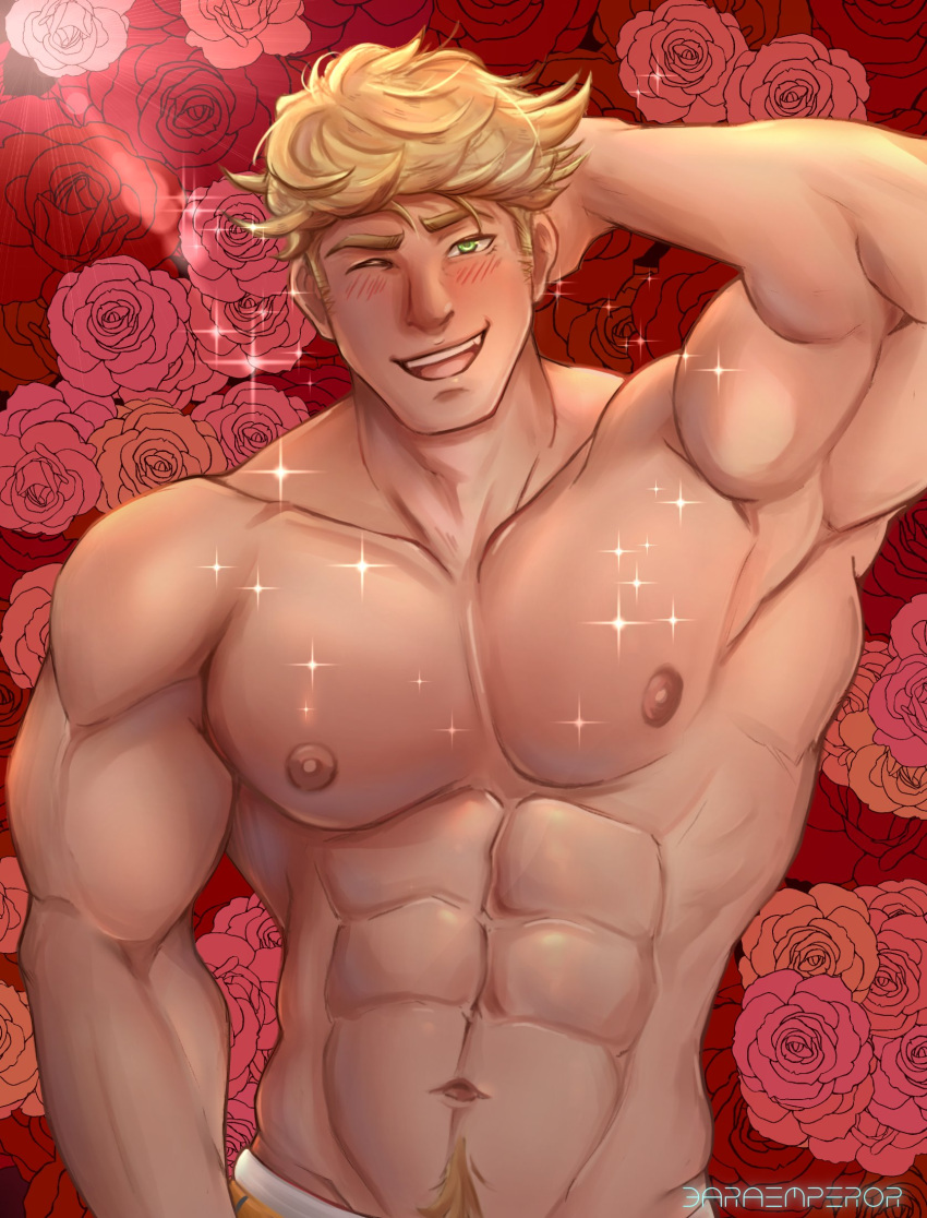 1boy abs artist_name bara bara_emperor blonde_hair blush floral_background flower granblue_fantasy green_eyes hand_on_own_head highres large_pectorals looking_at_viewer male_focus muscular muscular_male navel nipples open_mouth pectorals rose rose_background short_hair smile solo sparkling_aura topless_male upper_body vane_(granblue_fantasy)