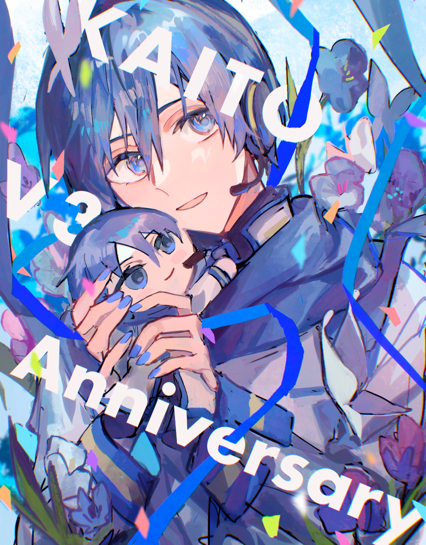 1boy anniversary blue_eyes blue_flower blue_hair blue_nails blue_scarf bug butterfly confetti english_text flower headphones headset highres holding holding_stuffed_toy jacket kaito_(vocaloid) male_focus nail_polish nidu_(2du_du) open_mouth scarf short_hair smile stuffed_toy vocaloid